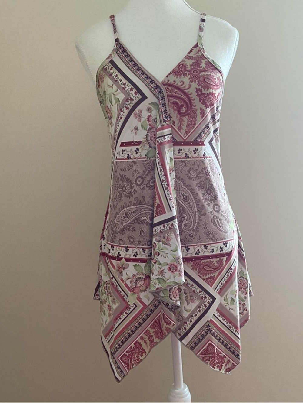Suzy Shier Paisley & Floral Handkerchief Hem Cami - Pink, Cream, Green
